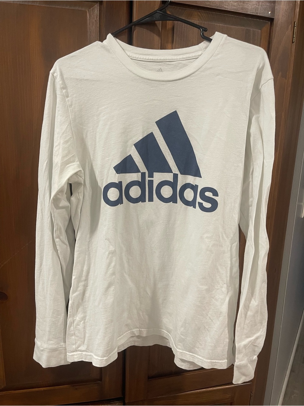 adidas White Long-Sleeve Tee with Navy Logo